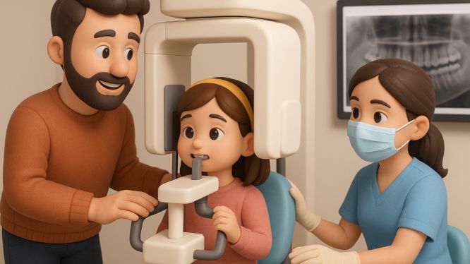 Papá acompañando con una sonrisa a su hija pequeña durante la toma de una radiografía panorámica dental; la niña está sentada frente al equipo, mientras una odontóloga con cubrebocas ajusta el escáner en una clínica moderna.