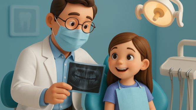 Papá dentista con bata blanca y cubrebocas mostrando una radiografía dental a su hija, quien sonríe sentada en el sillón del consultorio. Ambos comparten un momento de confianza en un ambiente clínico moderno y amigable.
