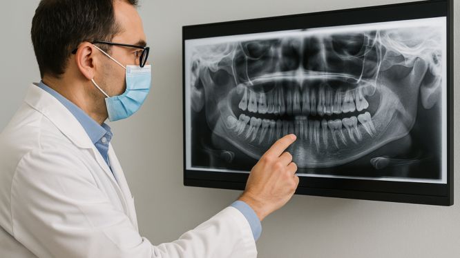 Doctor con bata blanca y cubrebocas señalando una radiografía panorámica digital en un monitor, en consultorio odontológico, representando análisis clínico en Dicorsa.