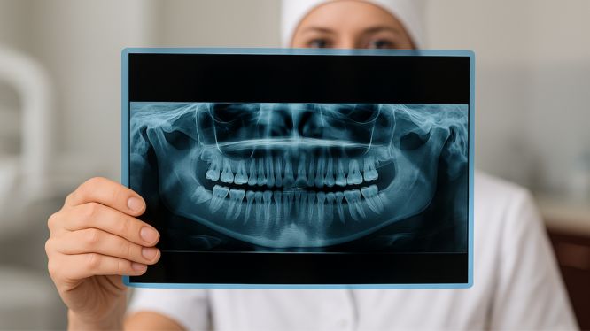 Doctora mostrando una radiografía panorámica dental frente a la cámara en un consultorio, representando diagnóstico digital en Dicorsa.