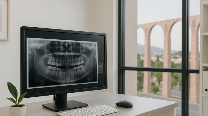 Consultorio dental moderno con una computadora mostrando una radiografía panorámica dental, frente a una gran ventana de vidrio desde la cual se observan claramente los Arcos de Querétaro al fondo.