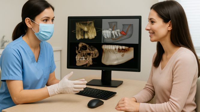 Doctora con cubrebocas y guantes explicando a una paciente los resultados de una tomografía dental en una computadora, que muestra imágenes 3D del cráneo y la mandíbula.