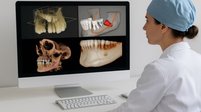 Doctora con cubrebocas y cofia observando una computadora que muestra imágenes 3D de tomografías dentales, incluyendo vistas del cráneo, mandíbula y estructuras dentales internas.
